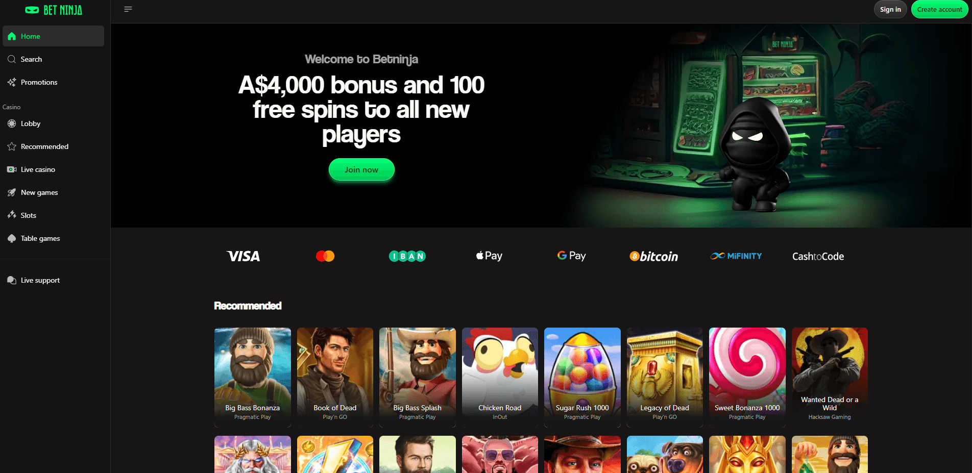 betninja online pokies main page